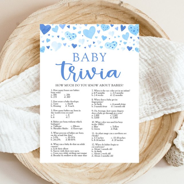 Invitación Juego de Baby Shower Blue Hearts Valentine Baby Tr (Watercolor Blue Hearts Valentine Sweetheart Heartbreaker February Boy Baby Trivia Baby Shower Game)