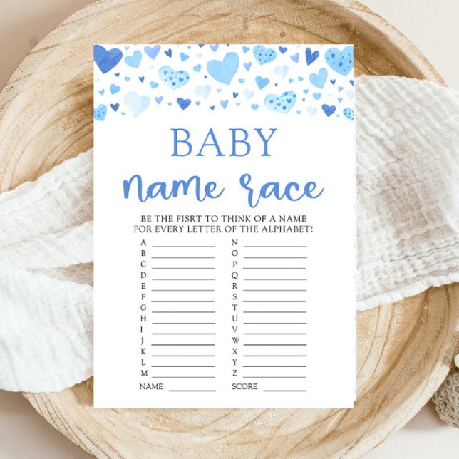 Invitación Juego de Baby Shower Blue Valentine Baby Name Race (Watercolor Cute Blue Hearts Valentine Sweetheart February Boy Baby Name Race Baby Baby Shower Game)
