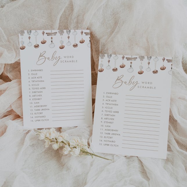 Invitación Juego de Baby Shower Boho Beach Word Scramble (Zazzle Boho Beach Shell Wishes for Baby Card)