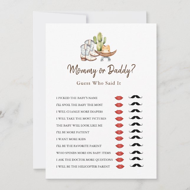 Invitación Juego de Baby Shower Cowboy Western Mommy o Daddy (Anverso)