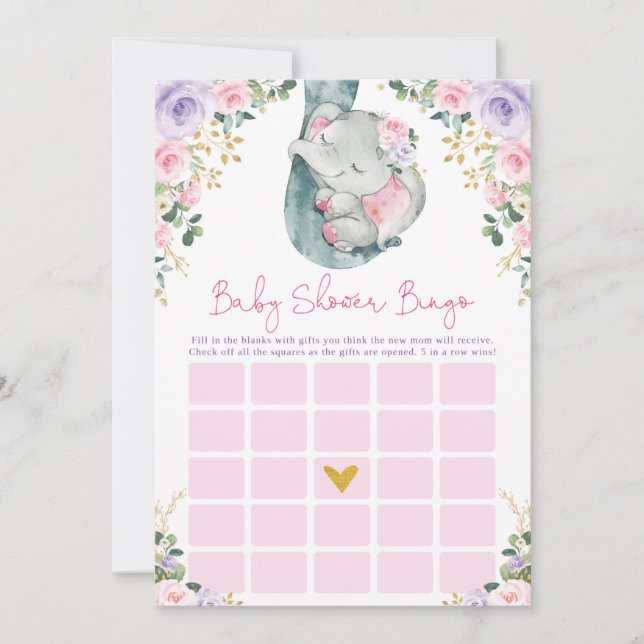Invitación Juego de Baby Shower Cute Pink Purple Elephant Bin (Anverso)