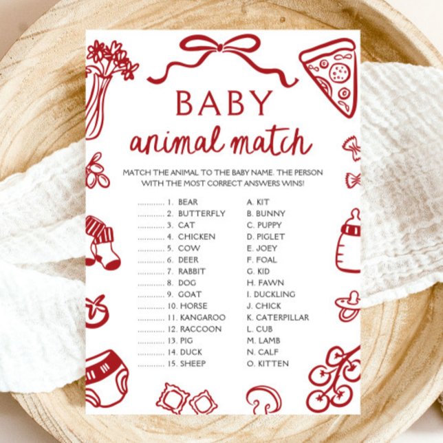 Invitación Juego de Baby Shower de Baby Animal Match con la m (Red Hand Drawn Baby Animal Match Baby Shower Game)