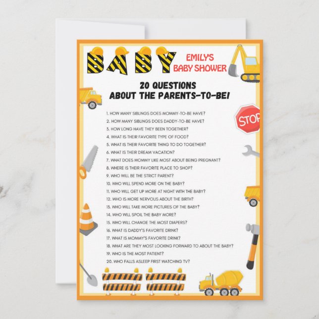 Invitación Juego de Baby Shower de construcción - Nombre edit (Anverso)