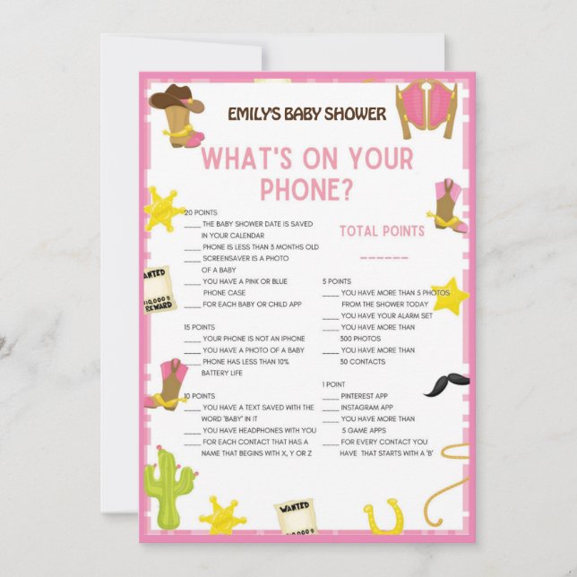 Invitación Juego de Baby Shower de Cowgirl - Nombre editable, (Anverso)