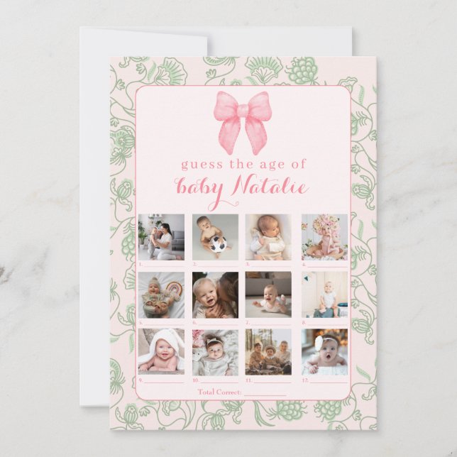 Invitación Juego de Baby Shower de Niña con Lazo Rosa y Verde (Anverso)