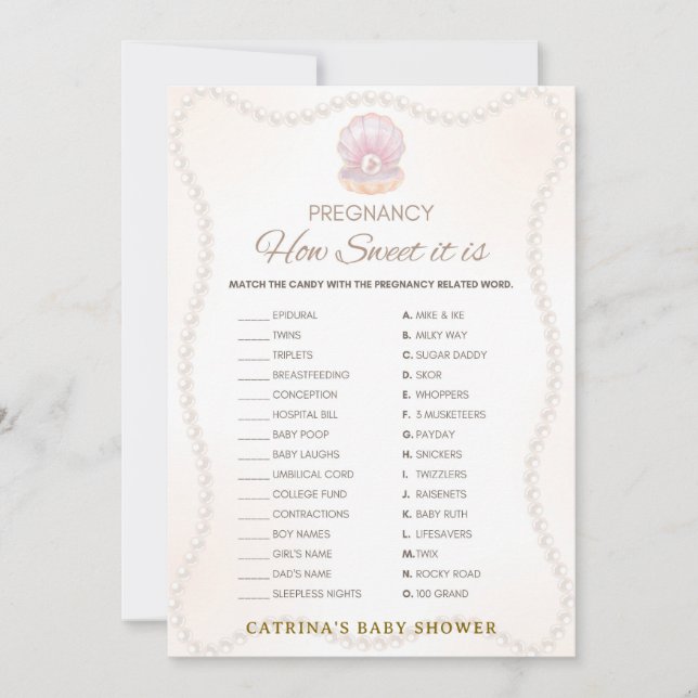 Invitación Juego de baby shower de perla - Nombre editable, 5 (Anverso)