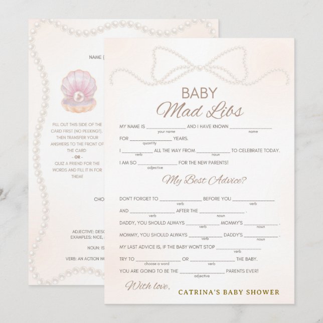 Invitación Juego de baby shower de perla - Nombre editable, 5 (Anverso / Reverso)
