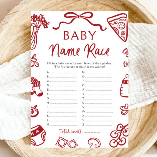 Invitación Juego de Baby Shower de Race con el nombre del beb (Hand Drawn Italian Baby Name Race Baby Shower Game)