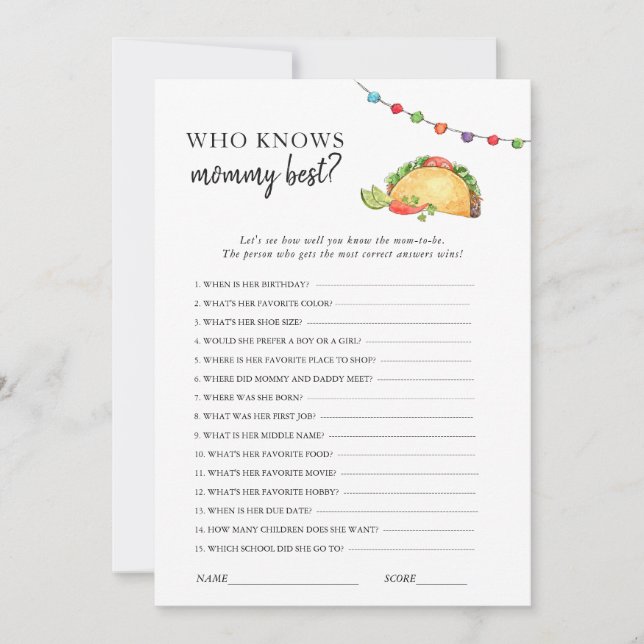 Invitación Juego de Baby Shower de Taco  (Anverso)