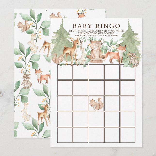 Invitación Juego de Baby Shower de Woodland Animals BINGO (Anverso / Reverso)