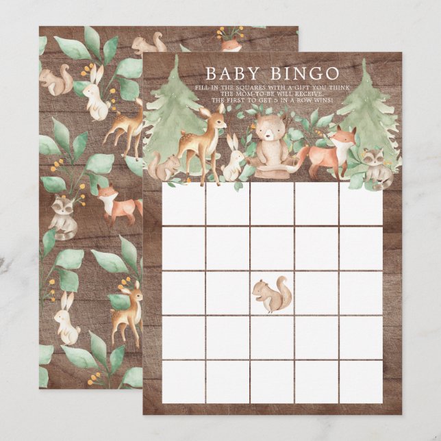 Invitación Juego de Baby Shower de Woodland Animals BINGO (Anverso / Reverso)