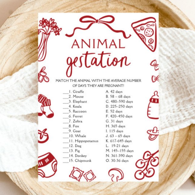 Invitación Juego de Baby Shower Gestación de animales con man (Red Hand Drawn Animal Gestation Baby Shower Game)