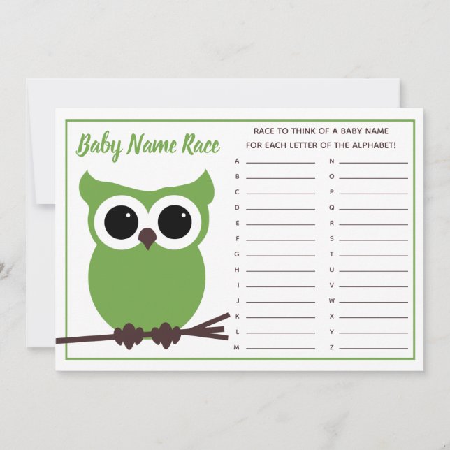 Invitación Juego de Baby Shower Green Owl Baby Name Race (Anverso)