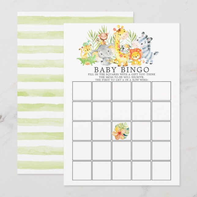 Invitación Juego de Baby Shower Jungle Animals BINGO (Anverso / Reverso)