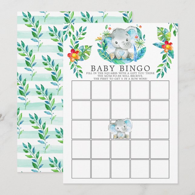 Invitación Juego de Baby Shower Jungle Elephant BINGO (Anverso / Reverso)