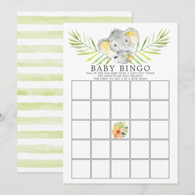 Invitación Juego de Baby Shower Jungle Elephant BINGO (Anverso / Reverso)