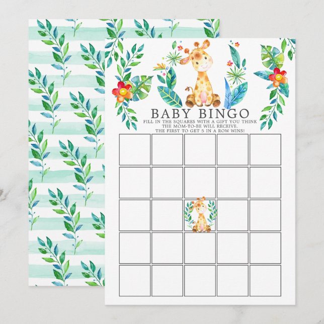 Invitación Juego de Baby Shower Jungle Giraffe BINGO (Anverso / Reverso)