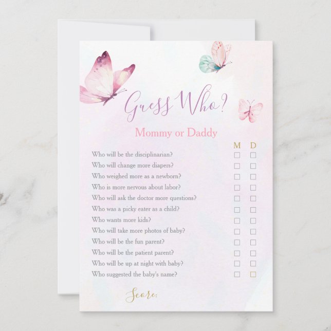 Invitación Juego de Baby Shower Mariposa Mamá o Papi (Anverso)