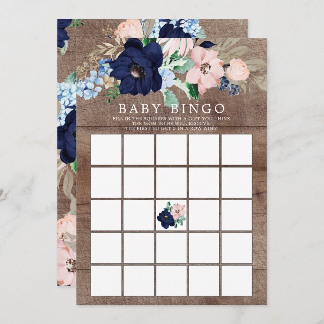Invitación Juego de Baby Shower Navy Rubor Floral BINGO (Anverso / Reverso)