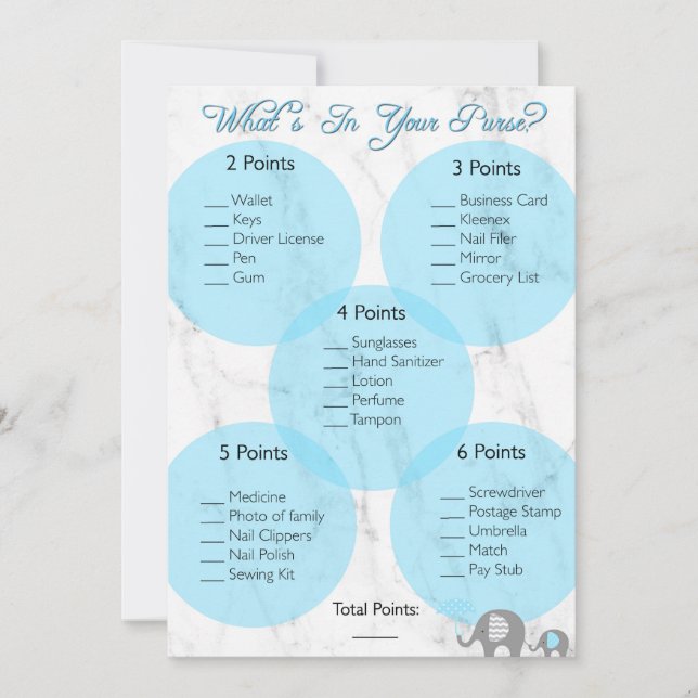 Invitación Juego de Baby Shower "¿Qué hay en tu bolso?" (Anverso)