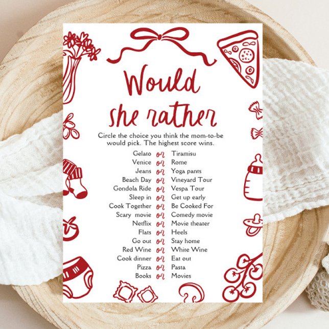 Invitación Juego de Baby Shower '¿Qué Preferiría Ella?' de It (Red Italian Would She Rather Baby Shower Game)