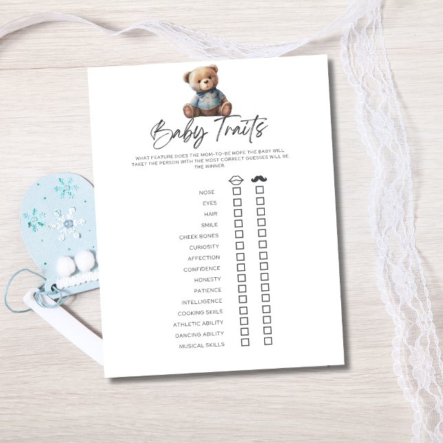 Invitación Juego de Baby Shower Rasgos para bebés de padres (Baby Shower Traits Game for Baby  boy shower with Blue Teddy Bear.)