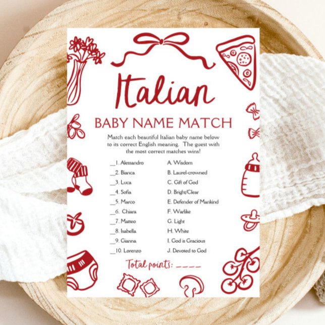 Invitación Juego de Baby Shower Red Italiana Baby Name (Red Italian Baby Name Match Baby Shower Game)