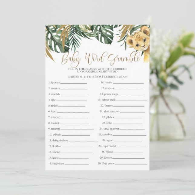 Invitación Juego de Baby Shower Safari Baby Word Scramble (Anverso de pie)