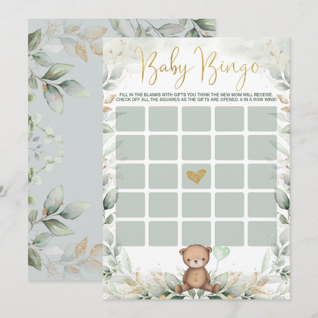 Invitación Juego de Baby Shower Sage Green Gold Teddy Bear Bi (Anverso / Reverso)