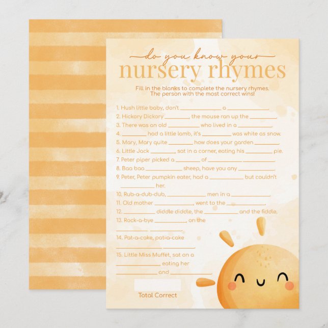 Invitación Juego de Baby Shower Sun Sunshine Nursery Rhyme (Anverso / Reverso)