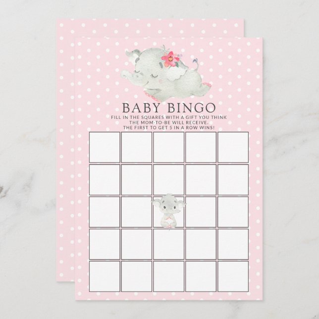 Invitación Juego de Baby Shower Sweet Elephant BINGO (Anverso / Reverso)