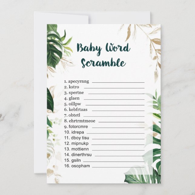 Invitación Juego de Baby Shower Word Scramble Gold Safari (Anverso)