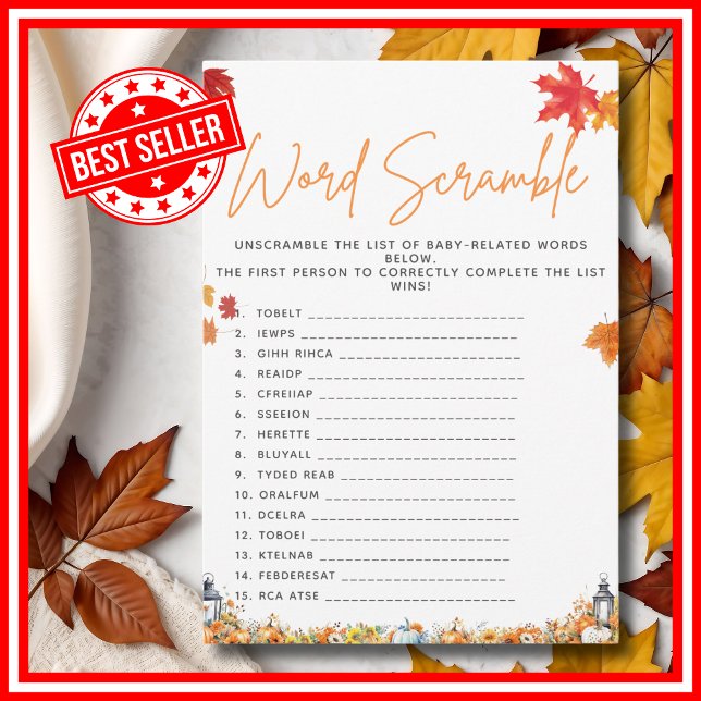 Invitación Juego de Baby Shower WORD SCRAMBLE Un poco de cala (UNSCRAMBLE Baby Shower Game with Answers A Little Pumpkin is on the Way Invitation )