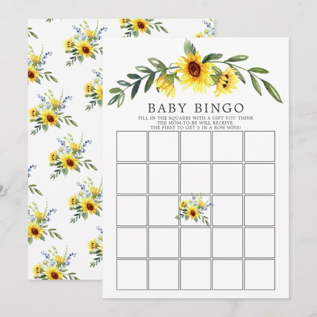 Invitación Juego de Baby Shower Yellow Sunflower BINGO (Anverso / Reverso)