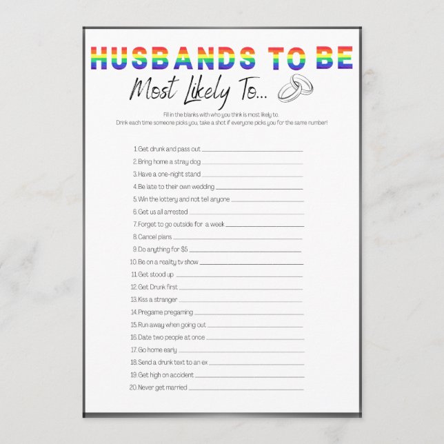 Invitación Juego De Bachelor Gay, Muy Probable (Anverso)