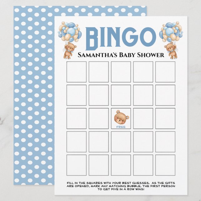 Invitación Juego de bingo azul burbujeante para baby shower T (Anverso / Reverso)