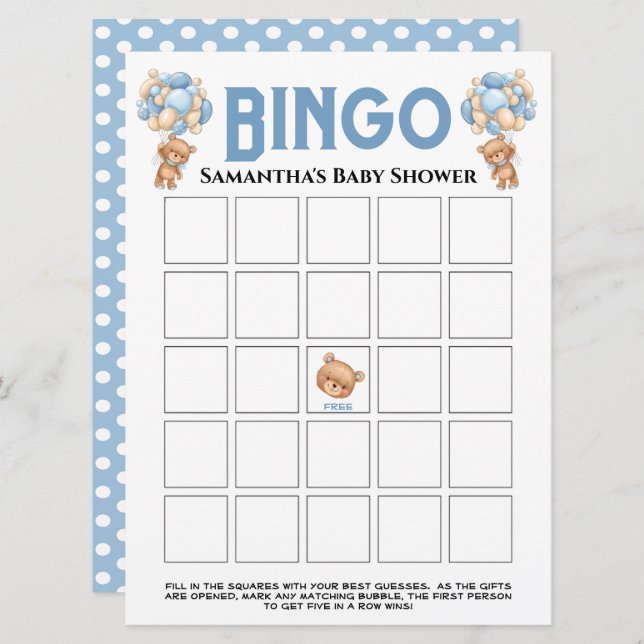 Invitación Juego de bingo azul burbujeante Teddy Boy para bab (Anverso / Reverso)