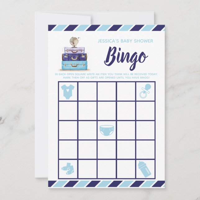 Invitación Juego de bingo Baby Shower azul tema de viajes (Anverso)