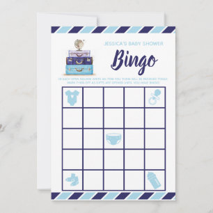 Invitación Juego de bingo Baby Shower azul tema de viajes