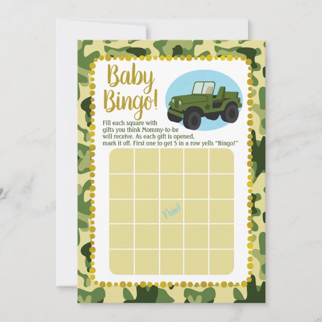 Invitación Juego de Bingo Baby Shower Camo del Ejército (Anverso)