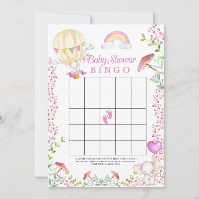 Invitación Juego de Bingo Baby Shower de Elephant Hot Air Bal (Anverso)