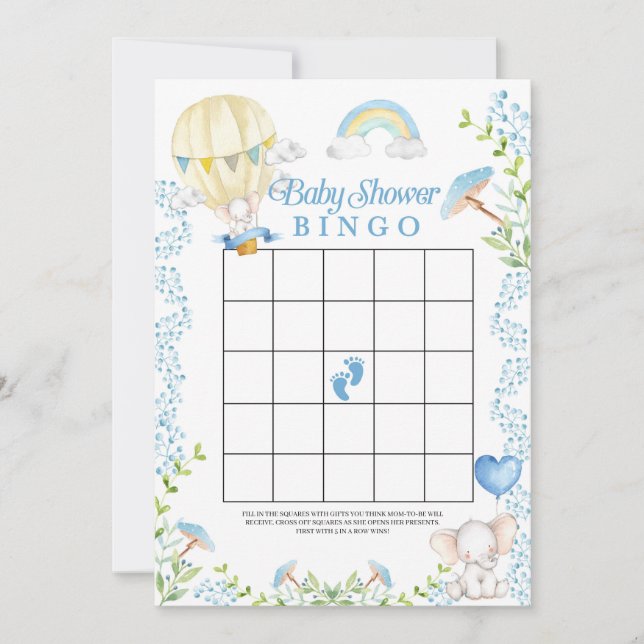Invitación Juego de Bingo Baby Shower de Elephant Hot Air Bal (Anverso)