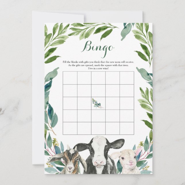 Invitación Juego de Bingo Baby Shower de Farm Animal Greenery (Anverso)