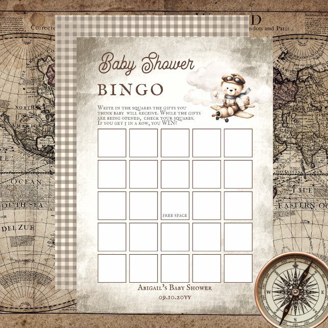 Invitación Juego de Bingo Baby Shower del avión Teddy Bear (Cute "Special Delivery Via Airmail . . . It's A Boy!" Teddy Bear | Airplane Baby Shower Bingo Game)