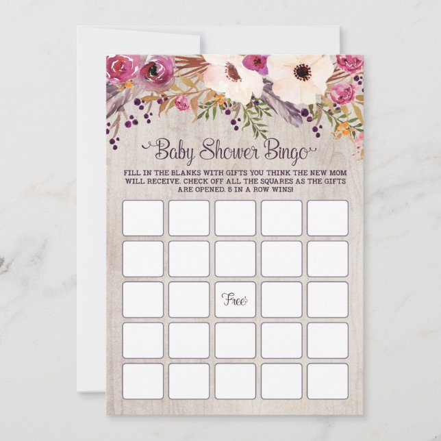 Invitación Juego de Bingo Baby Shower Flor de Boho Rústico Fl (Anverso)