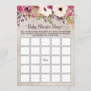 Invitación Juego de Bingo Baby Shower Flor de Boho Rústico Fl