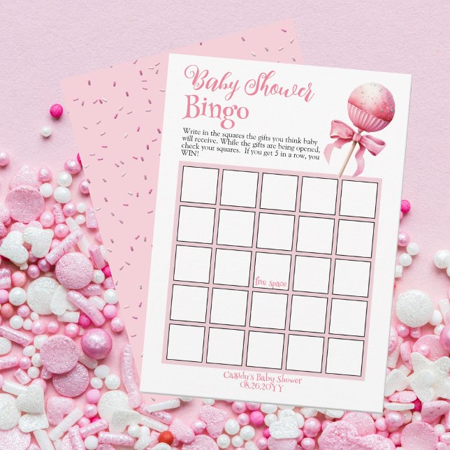 Invitación Juego de Bingo Baby Shower Pop de Pastel Rosa (Pink Cake Pop Girl Baby Shower "Bingo" Game Card -- Pink Candy Frame Collection)