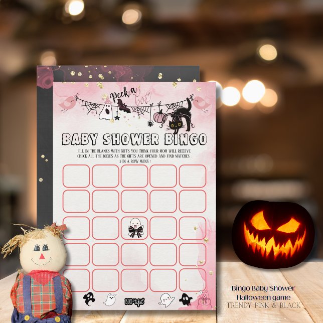 Invitación Juego de Bingo Baby Shower rosa y negro travieso (Spooky-Cute Pink & Black Baby Shower Bingo Game Invitation)