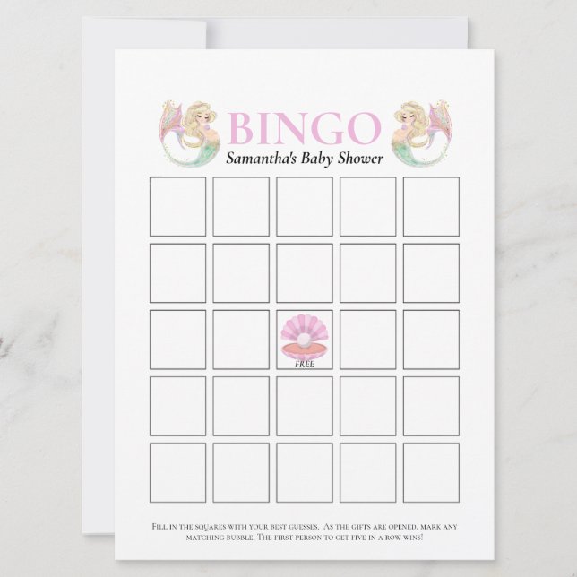 Invitación Juego de Bingo con Temática de Sirena en Rosa y Pu (Anverso)