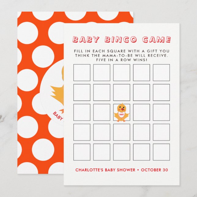 Invitación Juego de Bingo de Baby Shower de pollo con pollo a (Anverso / Reverso)
